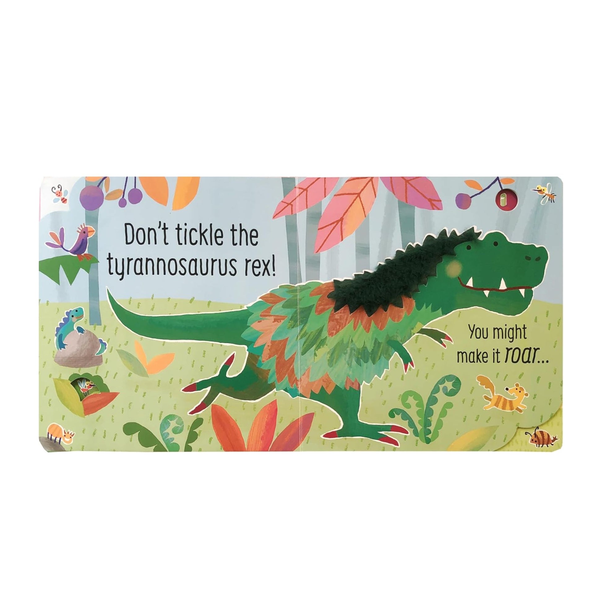Children's book cover with a dinosaur illustration and text on a white background