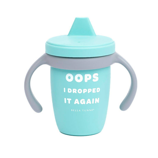 teal blue sippy cup with gray handles and it says oops I dropped it again in white letters