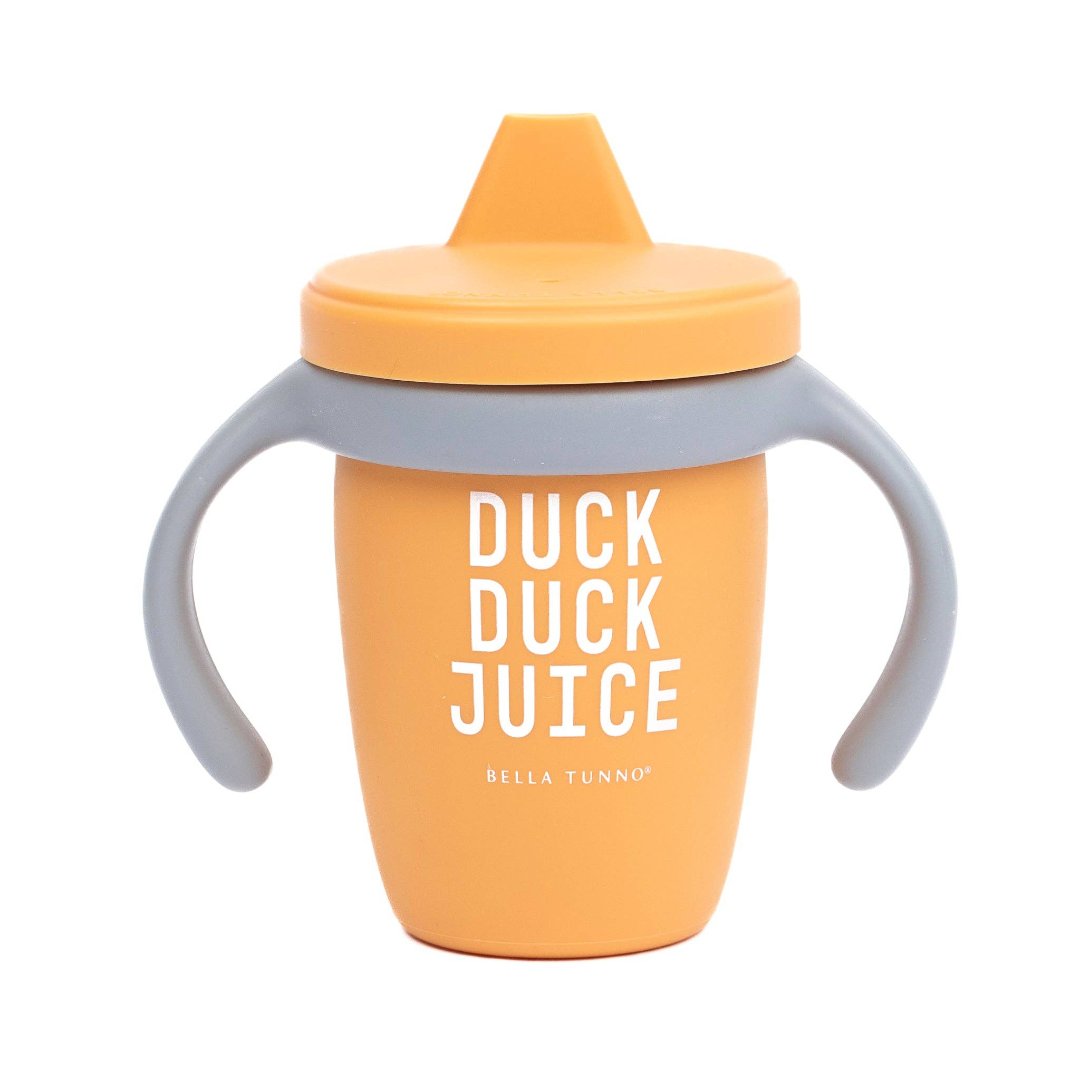 silicone sippy cup that says duck duck juice on it