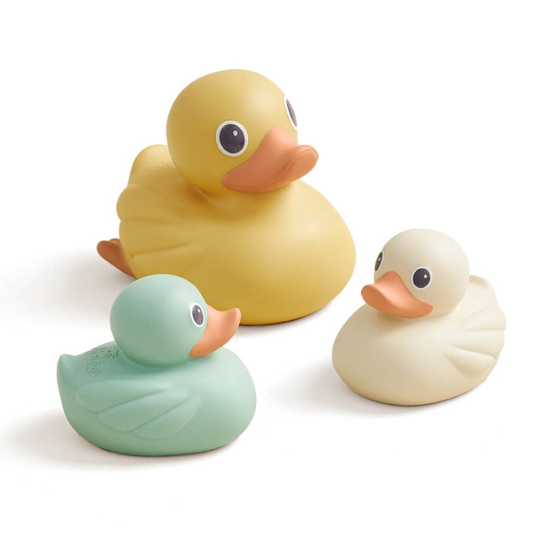 3 rubber ducks in various sizes and colors