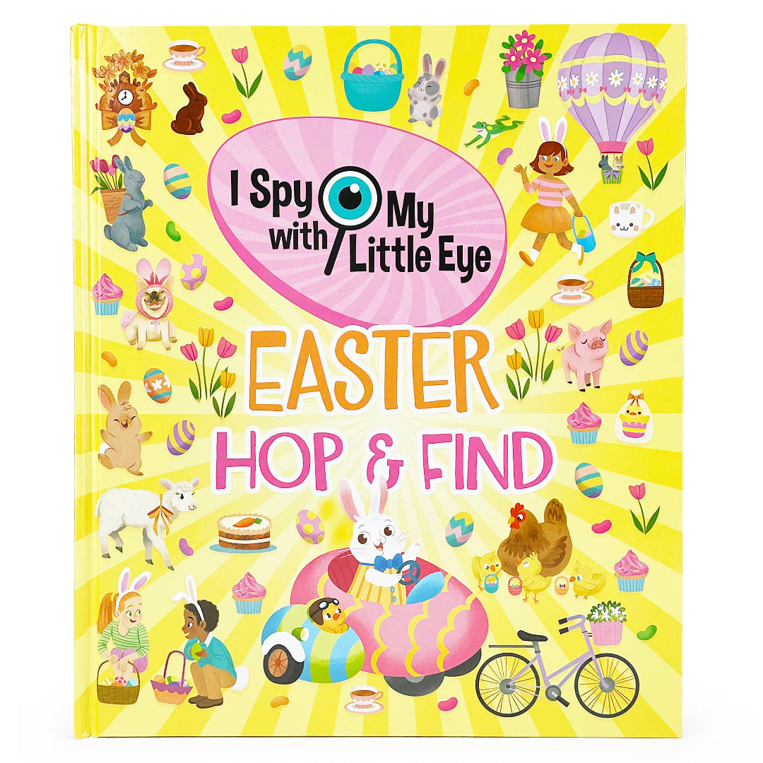 yellow hard cover book with lots of easter themed animals and things