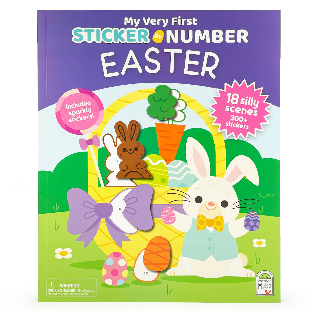 Easter themed sticker book with a bunny on the front standing in front of a giant Easter basket