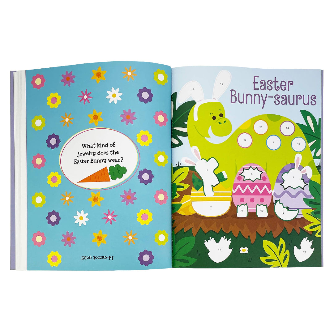 inside pages of an Easter themed sticker book showing how you place stickers inside the book to finish the picture