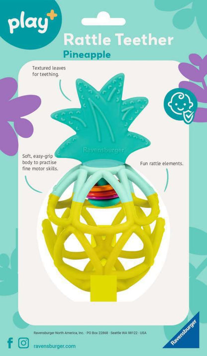 Pineapple-shaped rattling teether in packaging with 'play' branding
