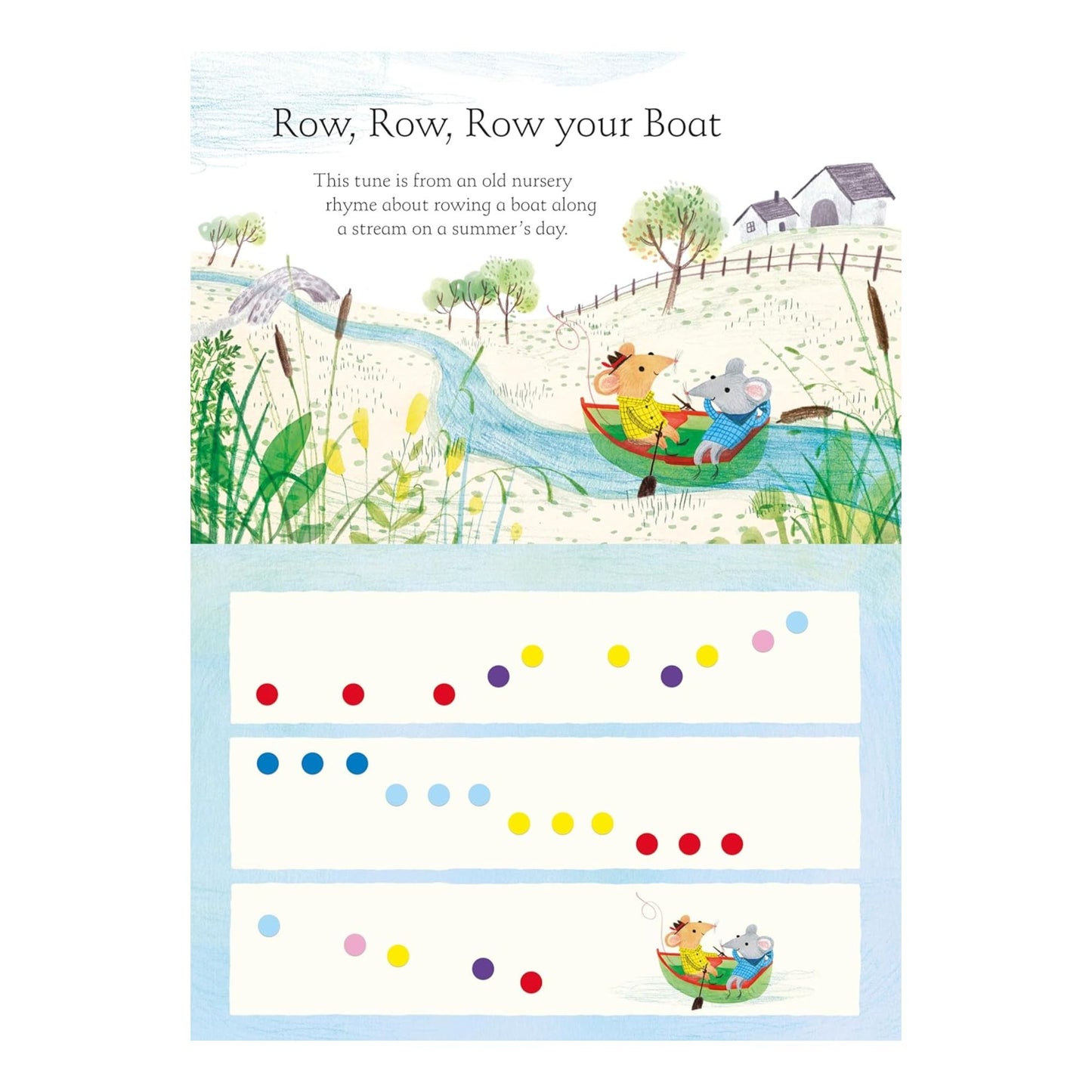Illustrated children's book page with a boat scene and musical notes.