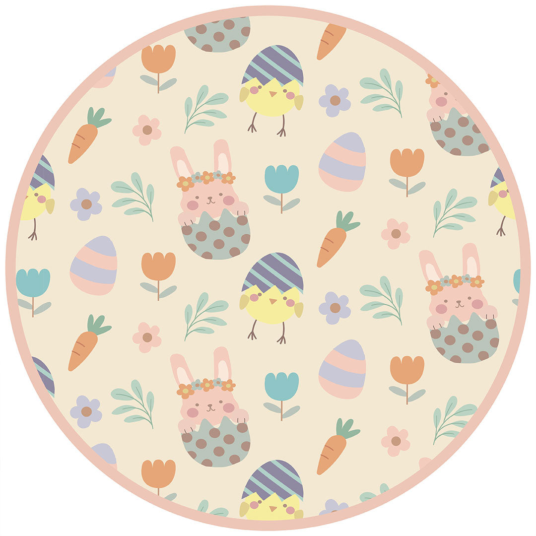 the "egg hunt" print is a easter theme. the colors are pastel. you can find flowers, carrots, easter bunnies in easter eggs, and chicks who have half an easter egg on their head. 