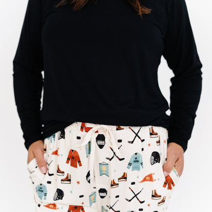 Close-up of waistband and drawstring on Hat Trick women’s bamboo pajama pants.