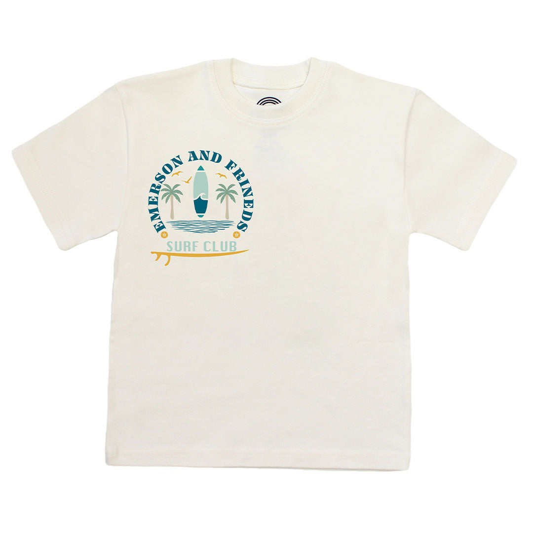 White t-shirt with a graphic design of palm trees and a surfboard on a white background