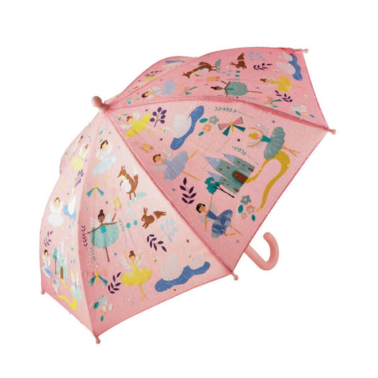 Pink umbrella with images of fairies, castles, and swans