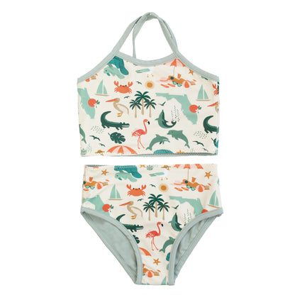 Girls two-piece reversible bikini featuring the Explore Florida print on the top and bottoms with sage green trim.