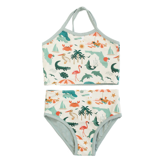 Girls two-piece reversible bikini featuring the Explore Florida print on the top and bottoms with sage green trim.