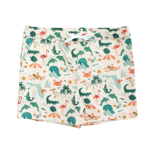 Boys swim trunks in the Explore Florida print featuring flamingos, alligators, and sailboats with a white adjustable drawstring.