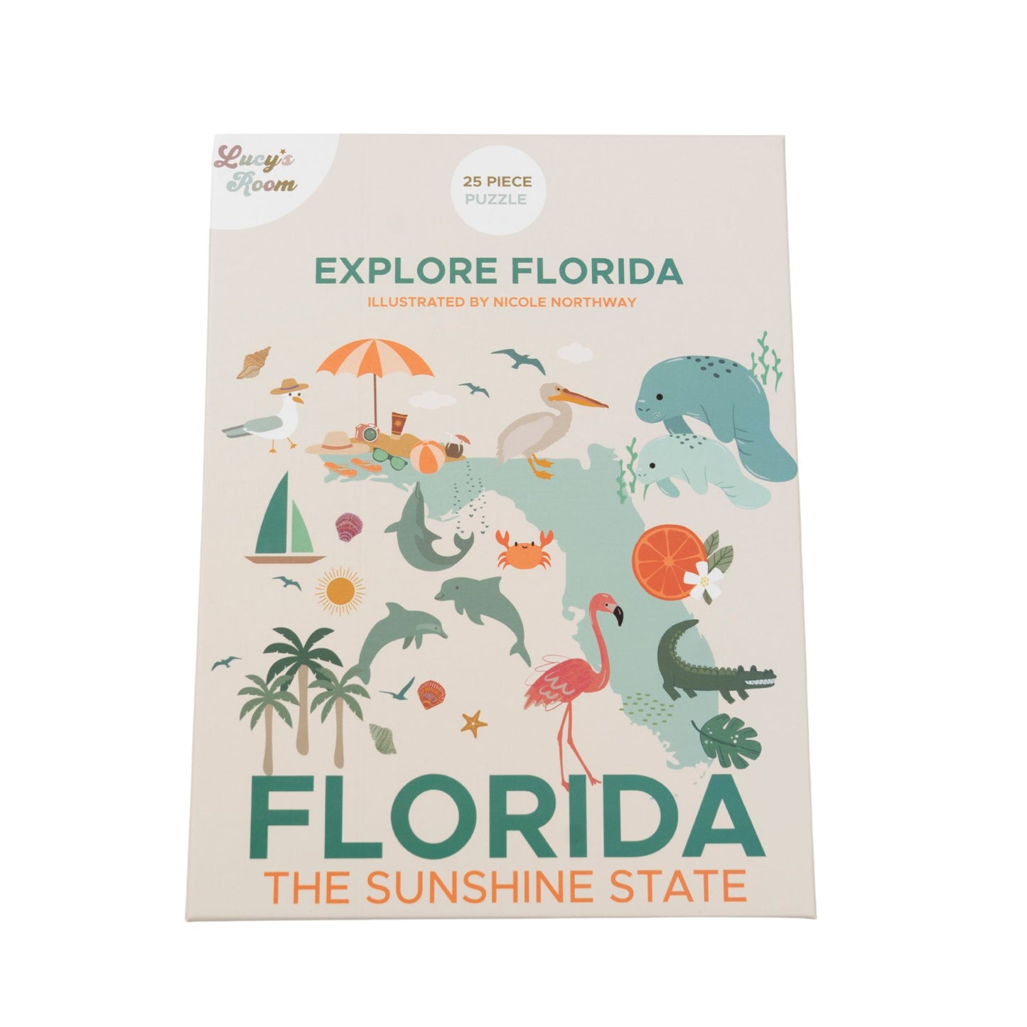Packaging of 'Explore Florida' illustrated by Nicole Northway with colorful illustrations on a beige background.