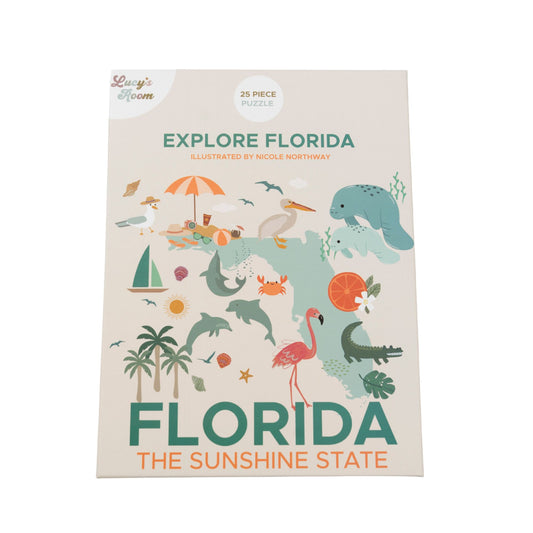 Packaging of 'Explore Florida' illustrated by Nicole Northway with colorful illustrations on a beige background.