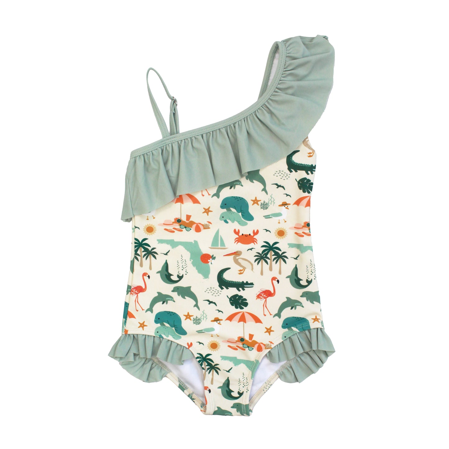 Girls one-shoulder ruffle swimsuit in the Explore Florida print with sage green ruffle trim and a pattern of flamingos and palm trees.
