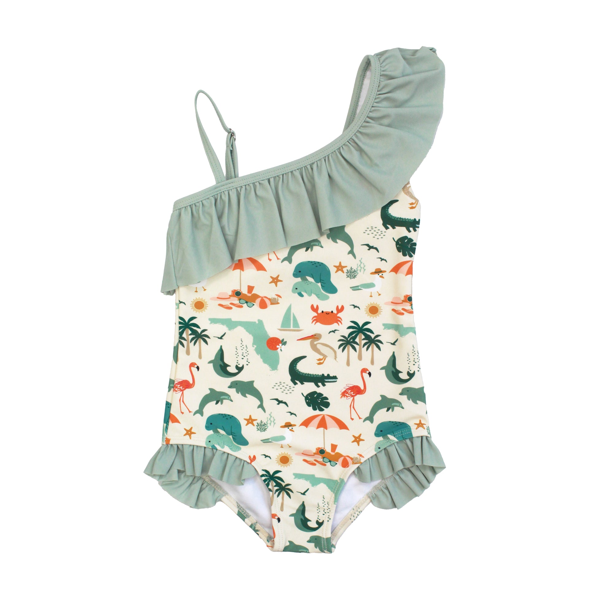 Girls one-shoulder ruffle swimsuit in the Explore Florida print with sage green ruffle trim and a pattern of flamingos and palm trees.