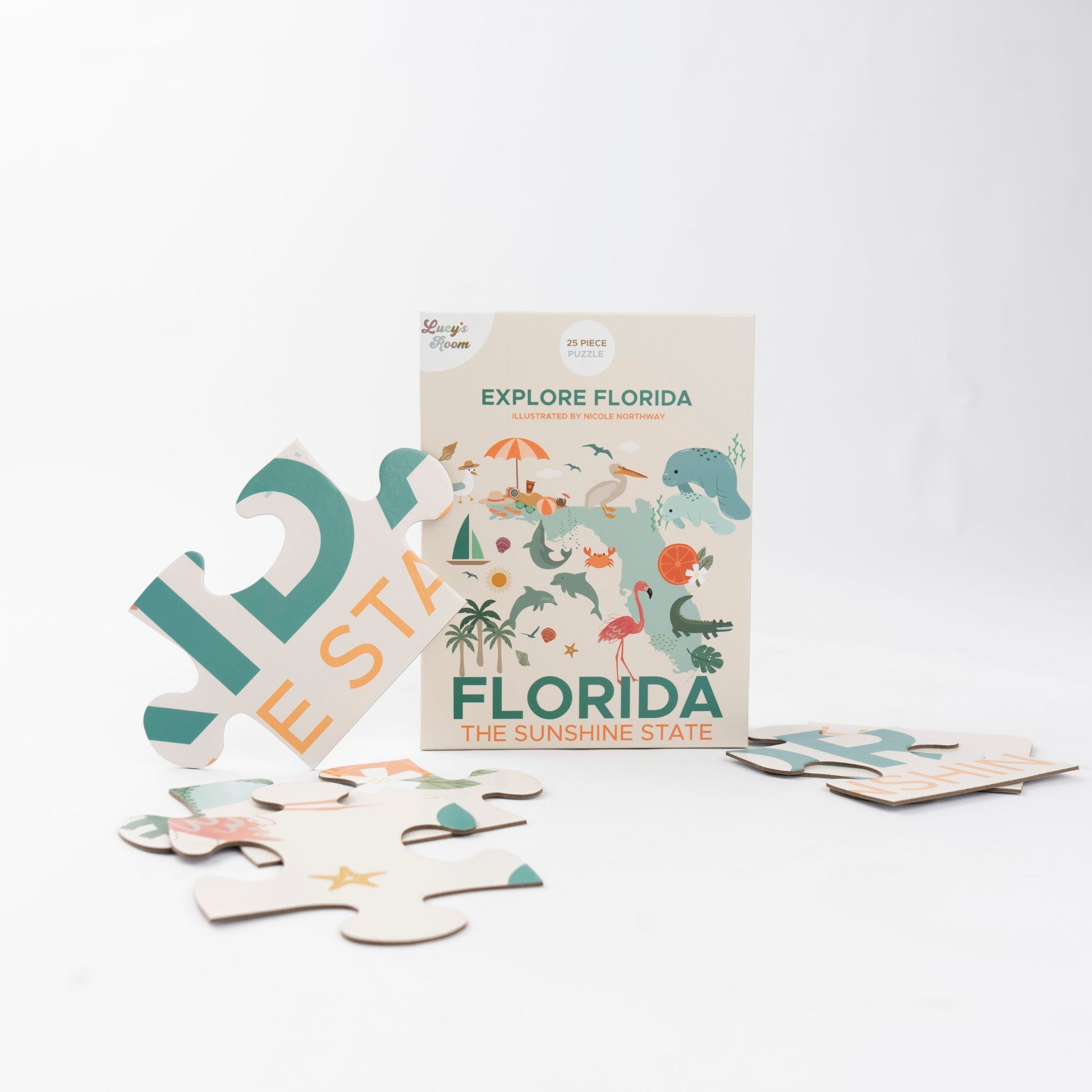 Children's puzzle with 'Explore Florida' packaging on a white background