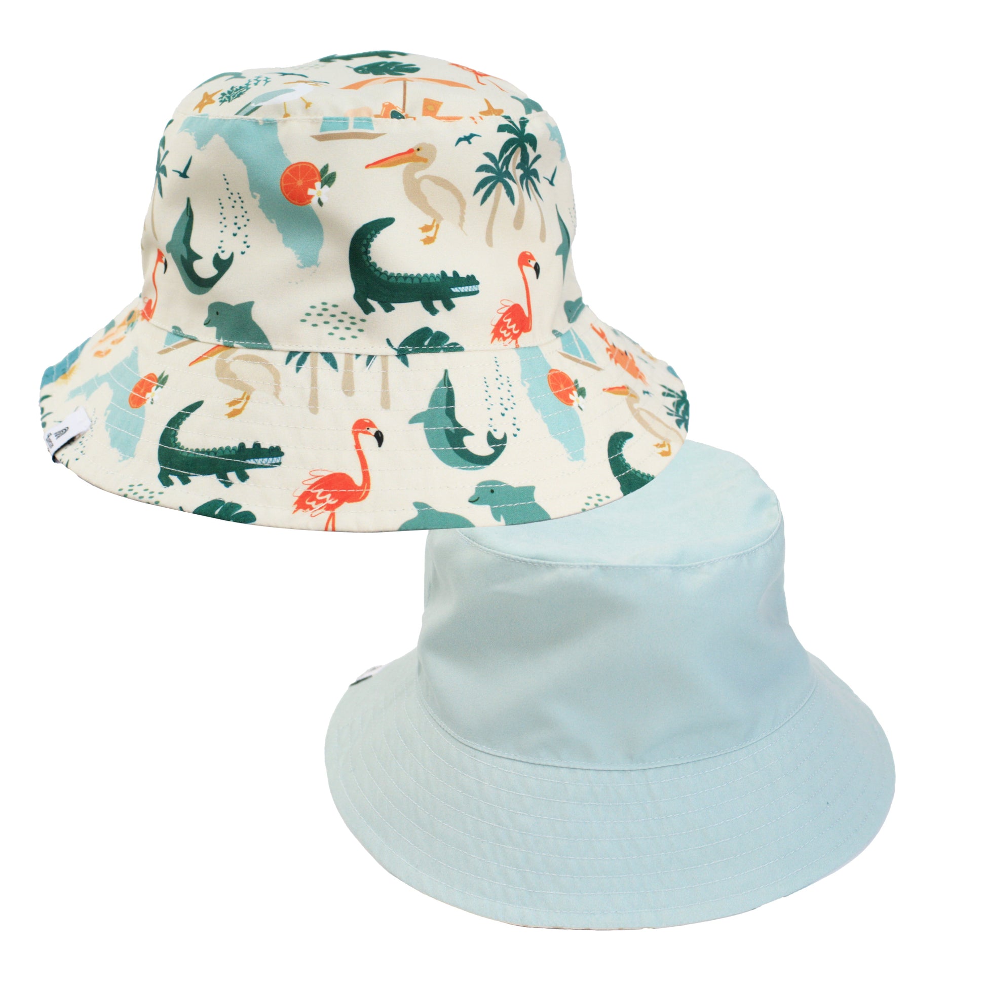Product shot showing the reversible nature of the hat: the Explore Florida print side and the solid Blue Surf (sage green) side.