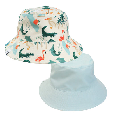 Product shot showing the reversible nature of the hat: the Explore Florida print side and the solid Blue Surf (sage green) side.