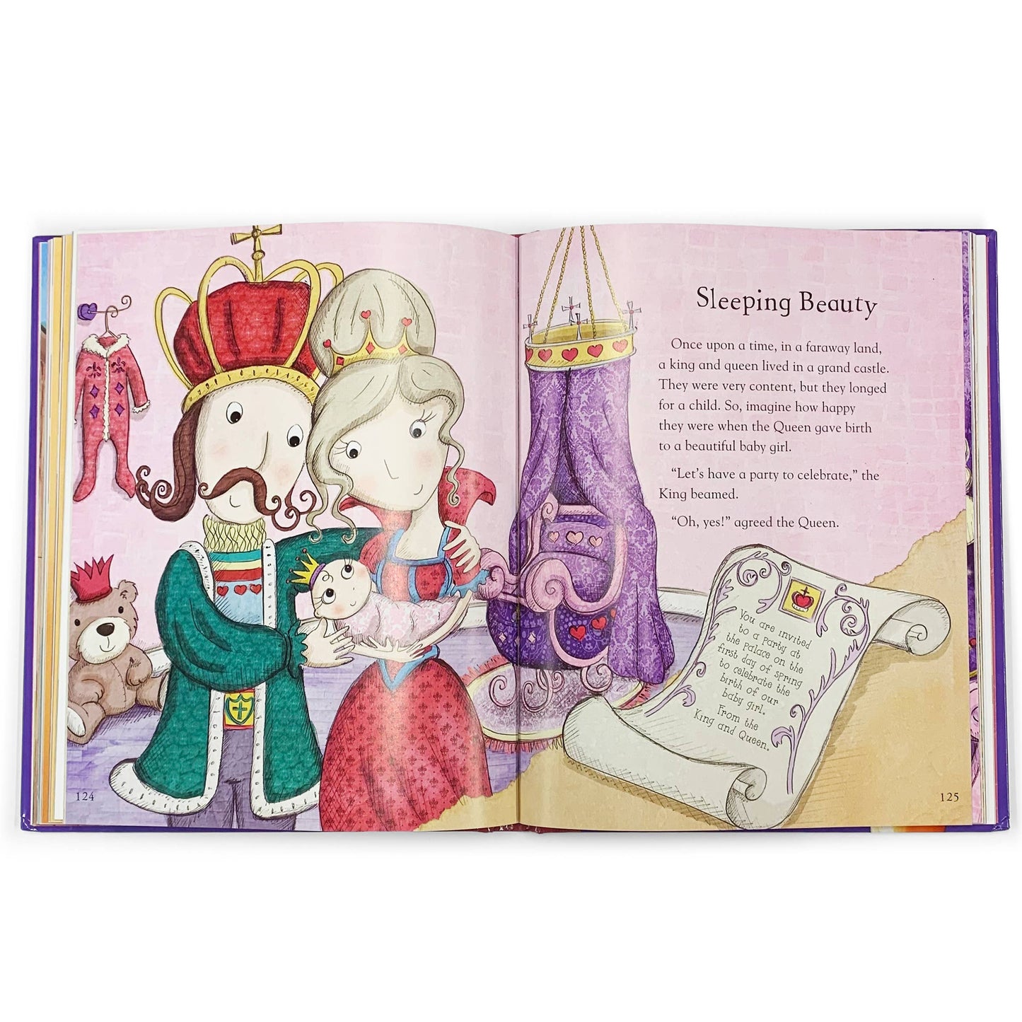Illustrated book open to a page with a king, queen, and baby, titled 'Sleeping Beauty'.