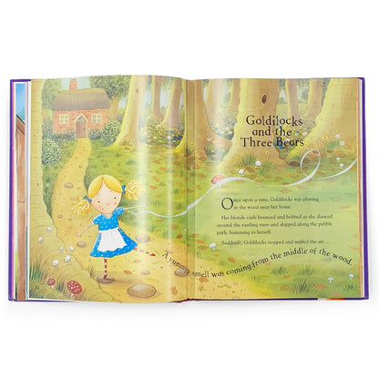 Open book with illustrations of Goldilocks and the Three Bears in a forest setting.