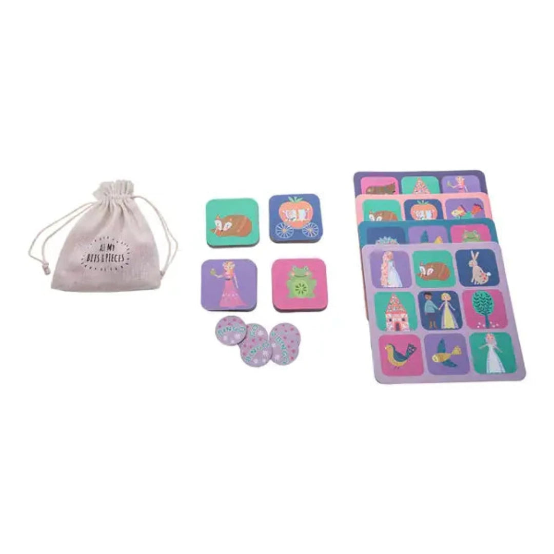 includes a bag, coins, bingo sheets, and cards