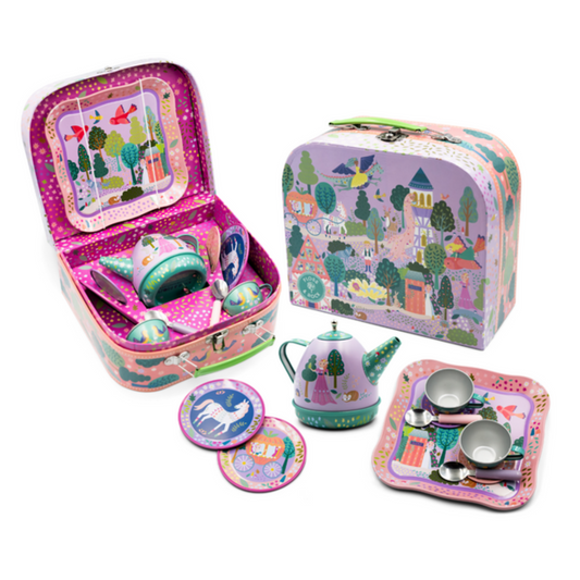 Pink tea set with fairy tale images, carrying case