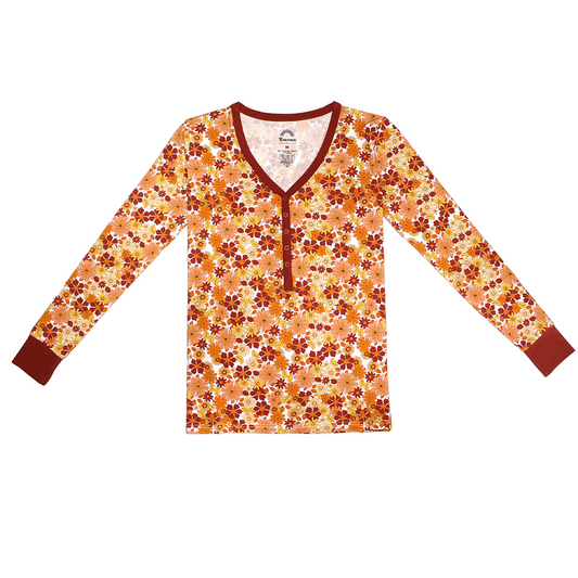 the "fall floral" women's long-sleeved top. the "fall floral" print is a floral flowered print that is filled with fall colors and flowers. 