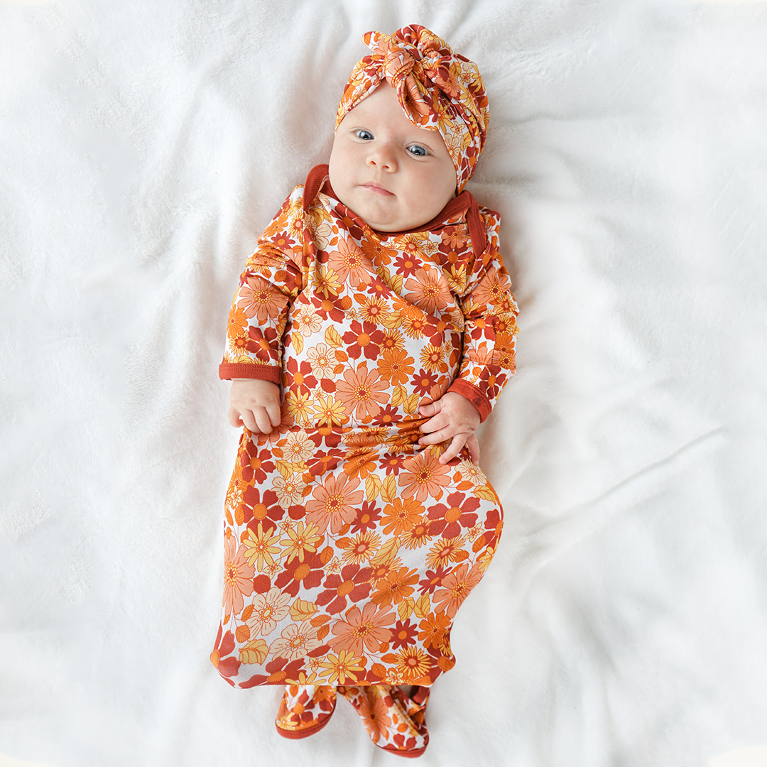 Fall Floral Bamboo Gown and Hat Newborn Baby Gift Set