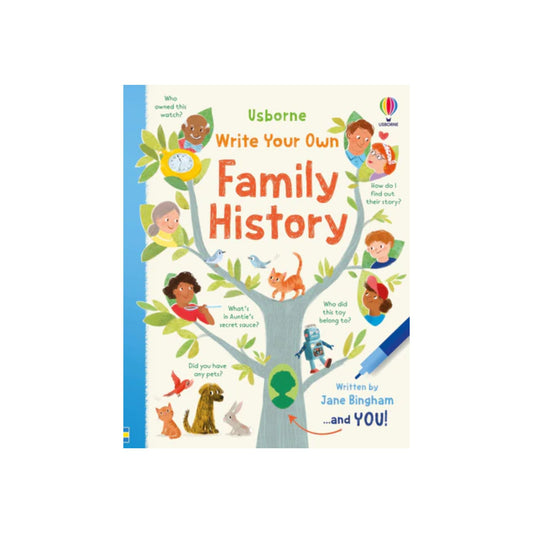 Book cover of 'Write Your Own Family History' by Usborne with illustrations of children and animals on a tree.