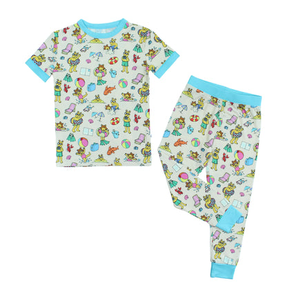 Arthur's Family Vacation Bamboo Short Sleeve  Kids Pajama Pants Set featuring vibrant light blue trim and a playful print of Arthur™ in swimwear surrounded by fun beach props — perfect for family getaways.