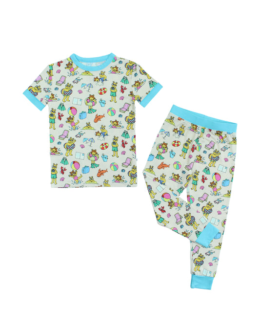 Arthur's Family Vacation Bamboo Short Sleeve  Kids Pajama Pants Set featuring vibrant light blue trim and a playful print of Arthur™ in swimwear surrounded by fun beach props — perfect for family getaways.