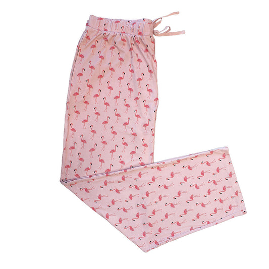 the "fancy flamingos" bamboo relaxed pants. the "fancy flamingos" print is a pattern of multiple pink flamingoes scattered around the print. 