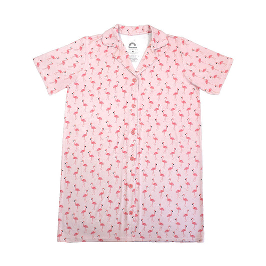 the "fancy flamingos" bamboo gown. the "fancy flamingos" print is a pattern of multiple pink flamingoes scattered around the print. 