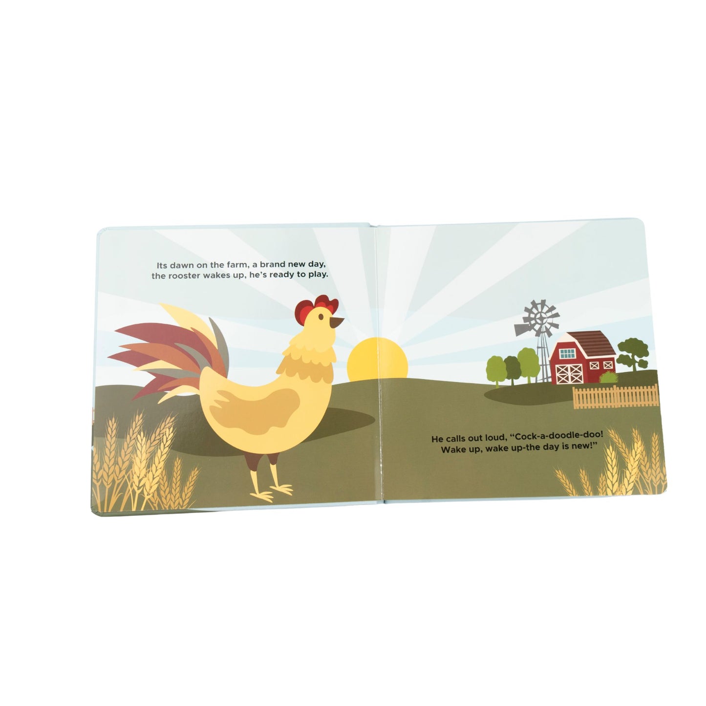 Illustrated book page with a rooster on a farm landscape