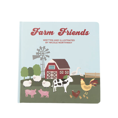 Book cover of 'Farm Friends' with farm animals and a barn illustration.