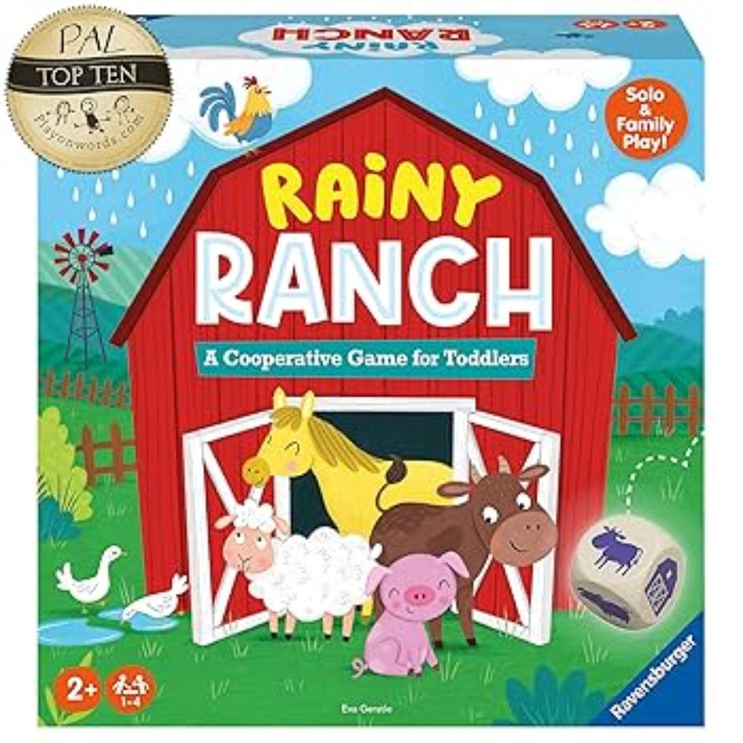 Board game box for 'Rainy Ranch' with farm animals and a barn on the cover.