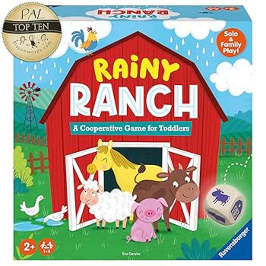 Board game box for 'Rainy Ranch' with farm animals and a barn on the cover.