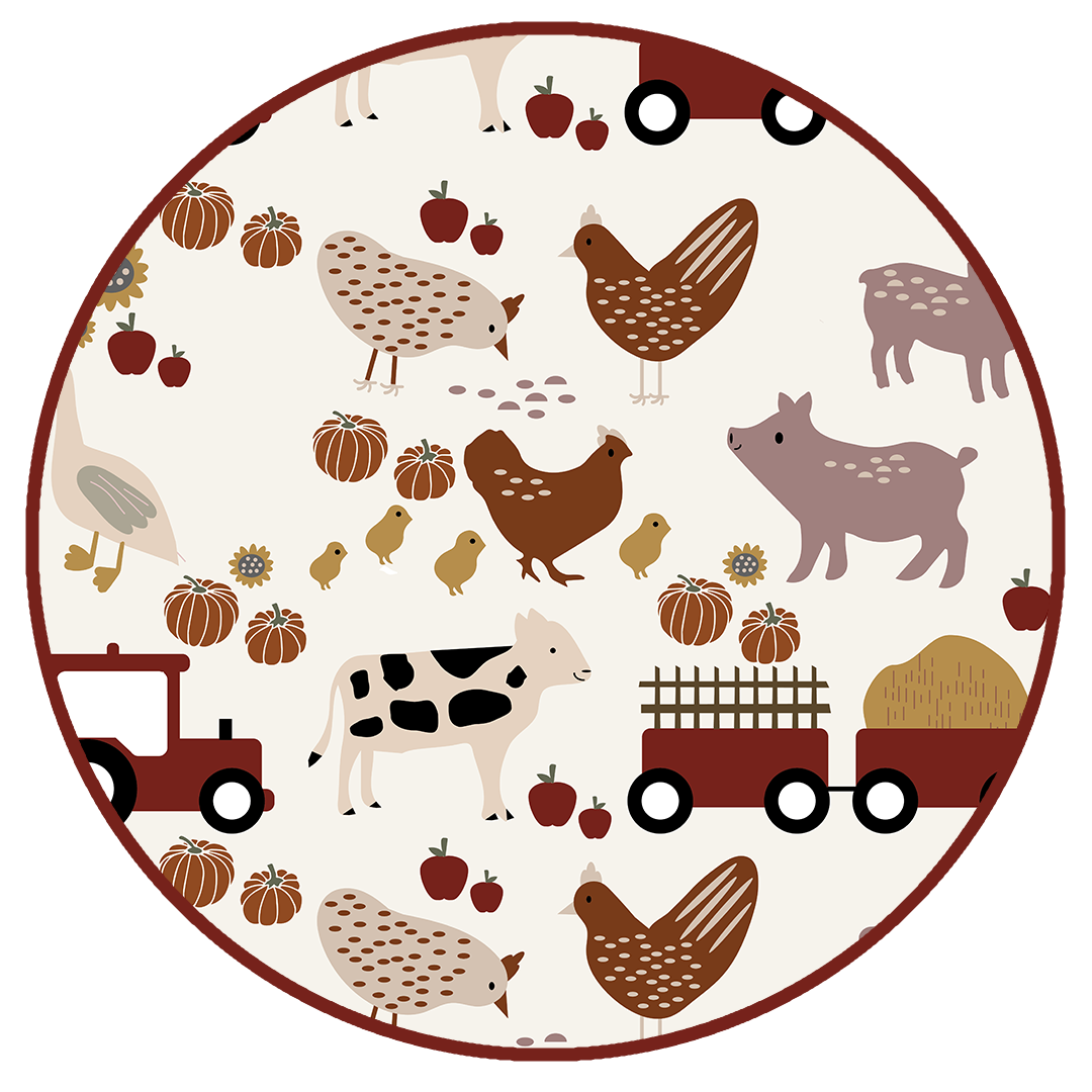 the "farm friends" print is a collection of chickens, roosters, pigs, bails of hay, tractors, chicks, apples, and pumpkins. it's a white background and flashed of reds, yellows, and oranges, to bring out the farm aesthetic.