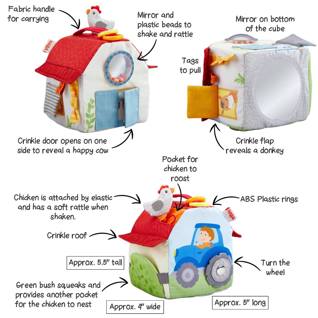 picture showing all the feature of the play cube including a mirror, rattle, wheel and more