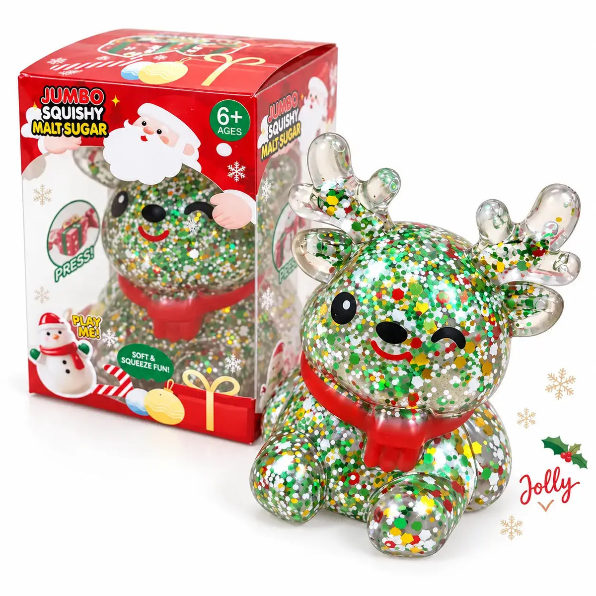 Toynex - Christmas Glitter Maltose Squishy Stress Toy-Santa, Reindeer, Snowman & Gift Box