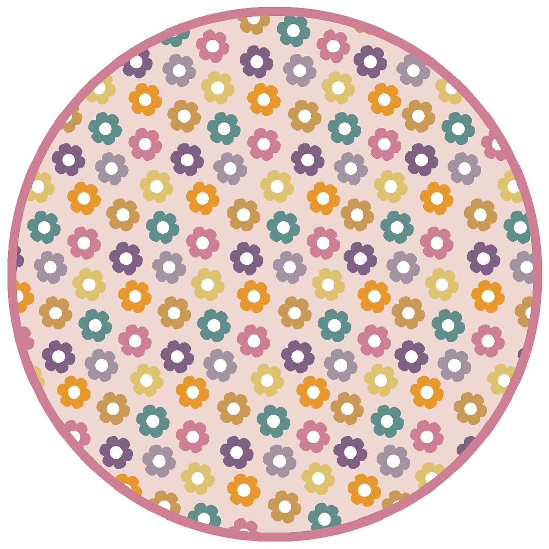 the "feeling groovy" print is a flowered print in multiple colors. these flowers are retro and groovy. the background is light pink. 