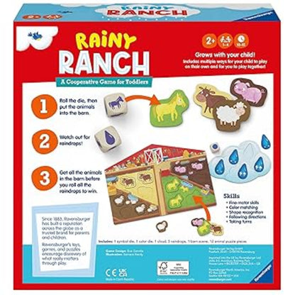 Box of 'Rainy Ranch' cooperative game for toddlers with colorful illustrations and text.