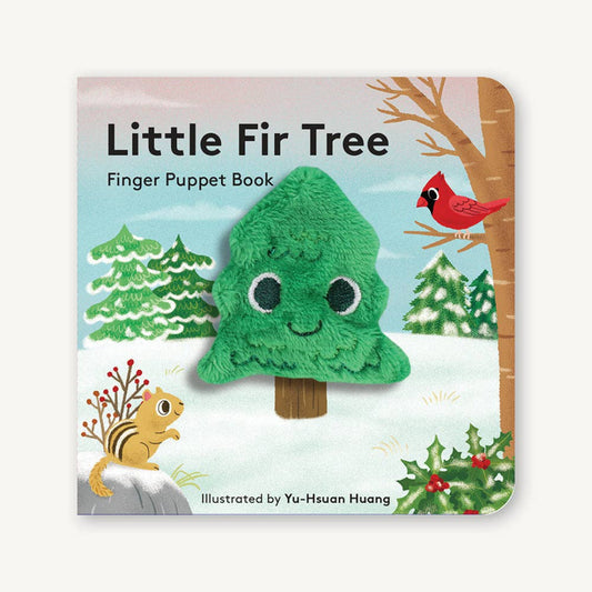 Book cover of 'Little Fir Tree' finger puppet book with a green tree puppet, cardinal, and chipmunk on a snowy background.