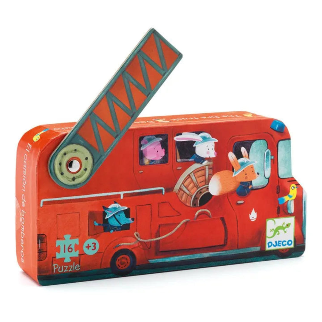 Red fire truck-shaped puzzle box with cartoon characters on a white background
