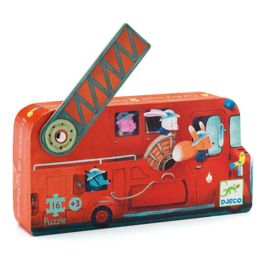 Red fire truck-shaped puzzle box with cartoon characters on a white background