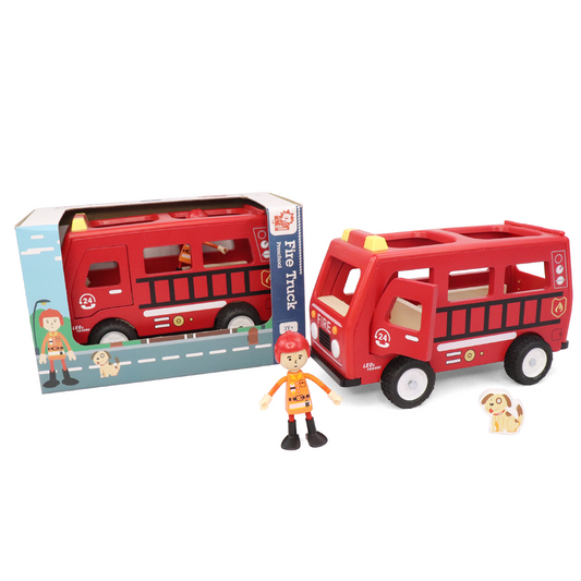 red wooden fire truck toy with a little wooden man and dog included