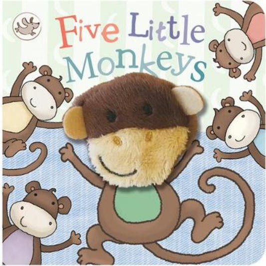 Brown monkey finger puppet on a board book with four other brown monkeys