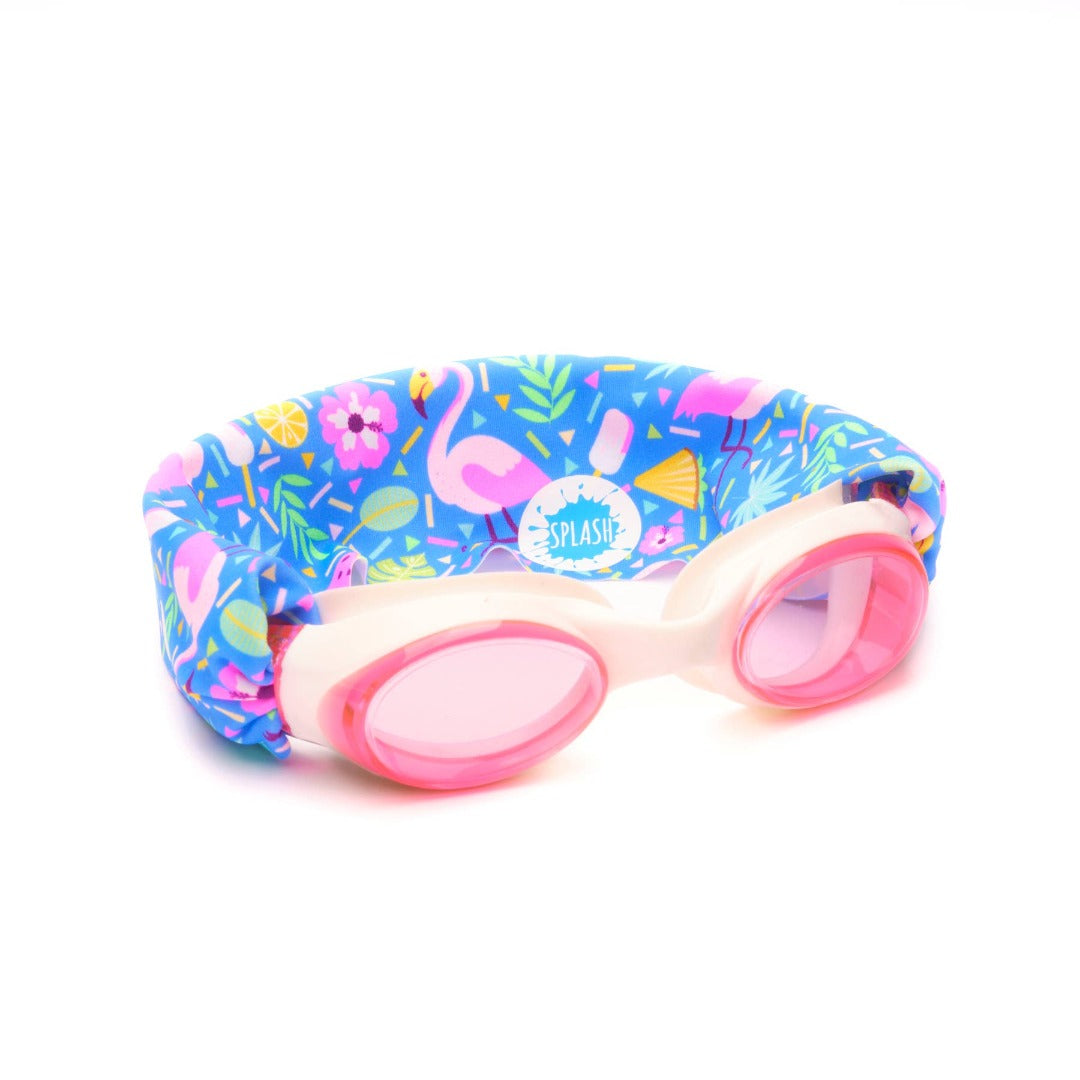 • Splash Place flamingo pop swim goggles with pink flamingo fabric strap
• No tangle fabric strap swim goggles with pink tinted lenses and white frame