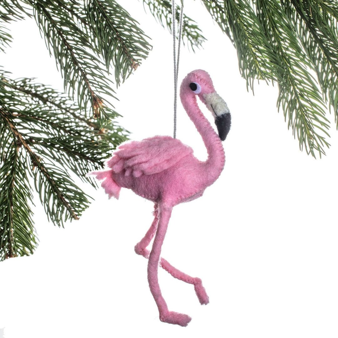 pink flamingo shaped ornament made out of felt